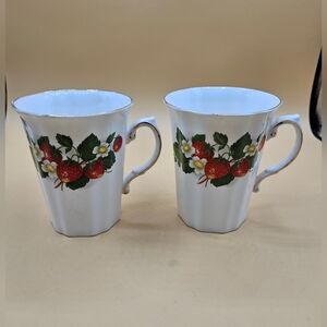 2 Vintage Royal Grafton Strawberry Fine Bone China Mugs, Gold Trim, England